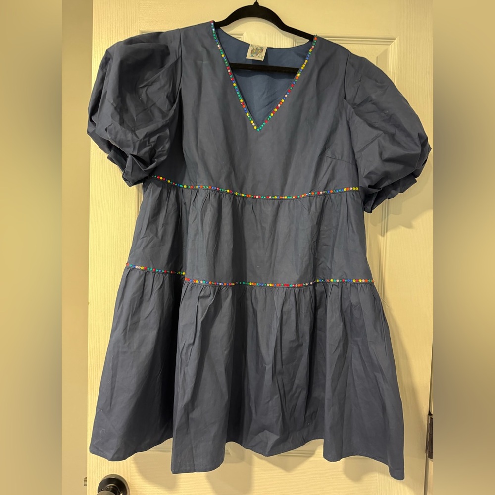 QUEEN OF SPARKLES Navy Mini Dress with Multicolor Firework Embroidery - Picture 2 of 5